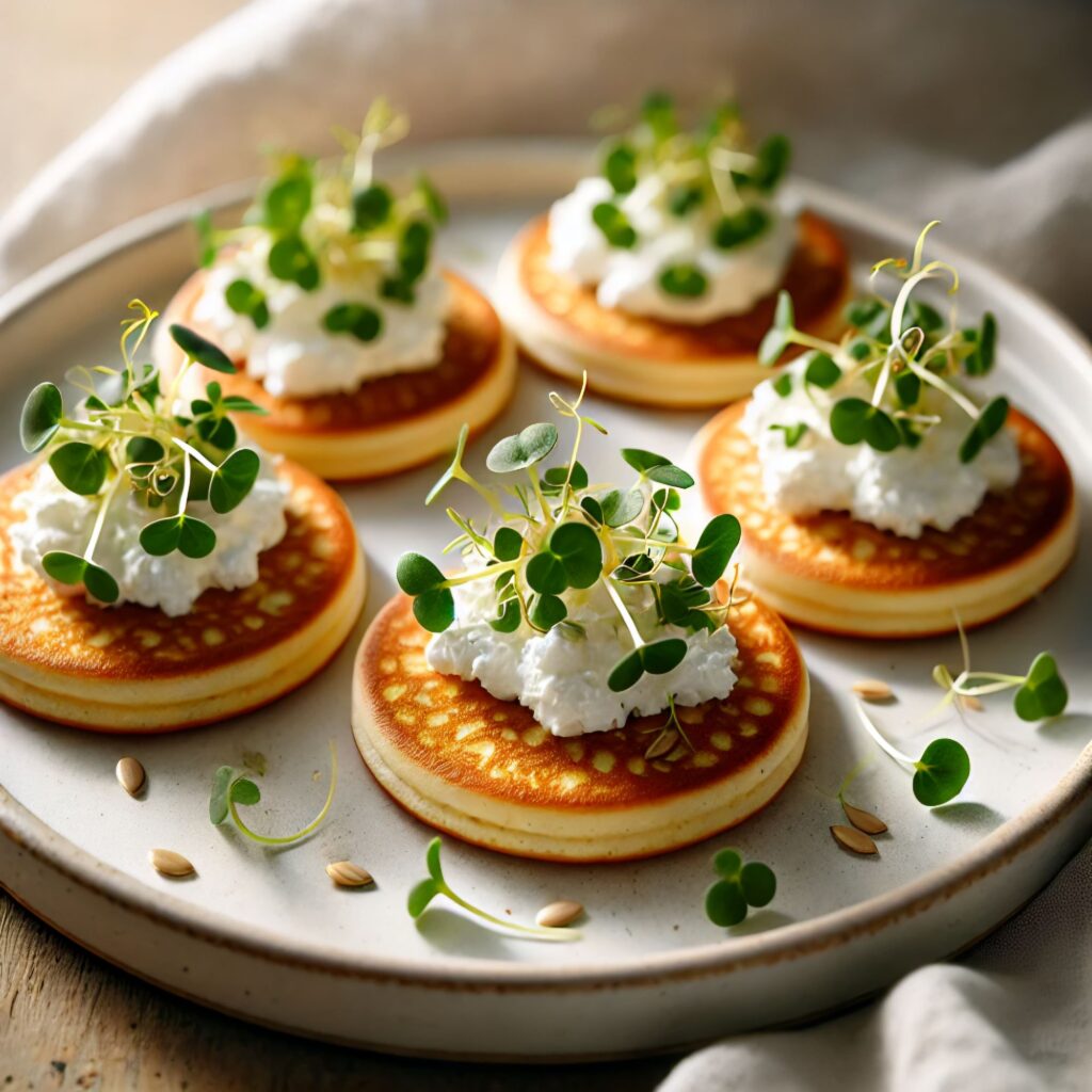 Oat blinis topped with creamy ricotta and fresh microgreens, arranged on a white plate.