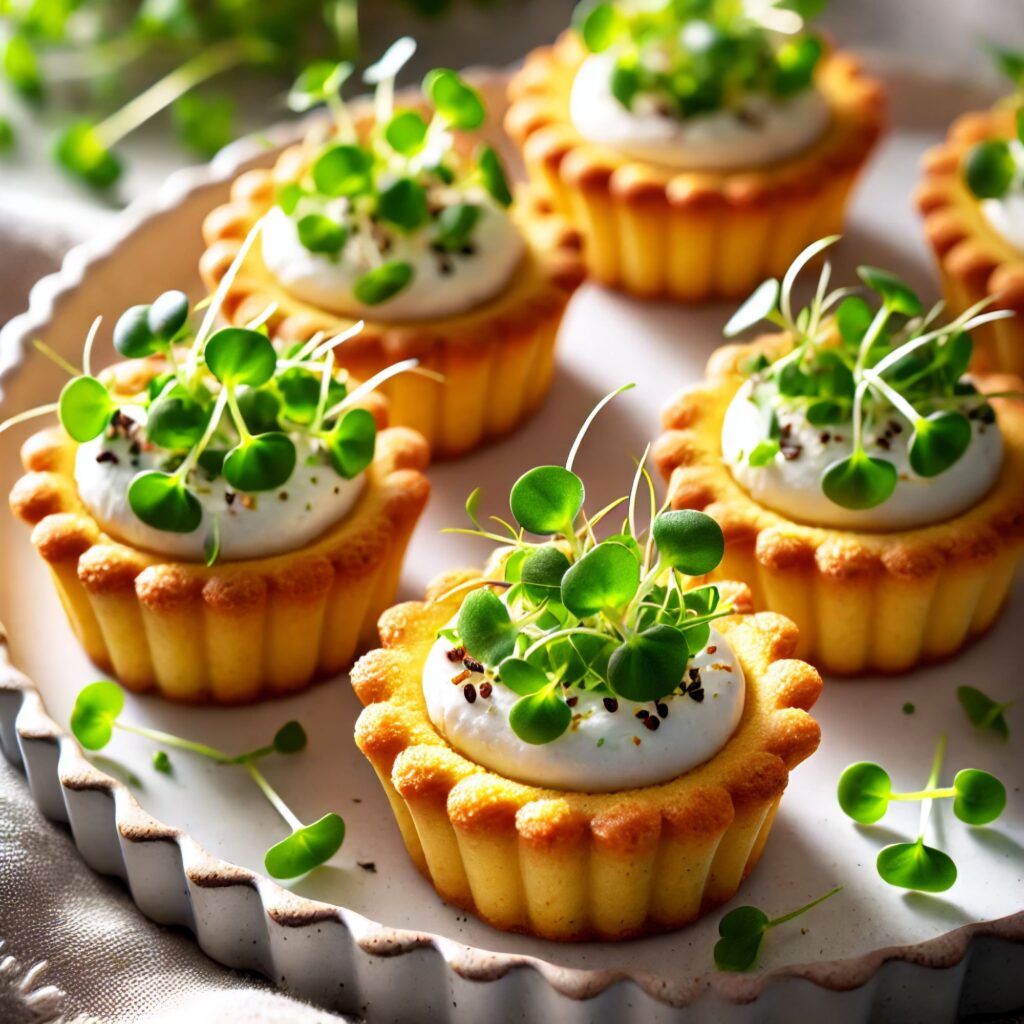 Cornmeal tartlets filled with creamy goat cheese and topped with fresh microgreens, served on a decorative plate.