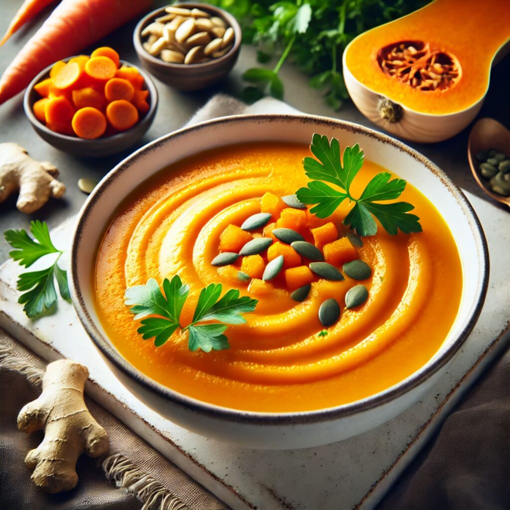 A bowl of creamy Butternut Squash and Carrot Soup with Ginger, garnished with pumpkin seeds and fresh parsley, surrounded by ingredients.