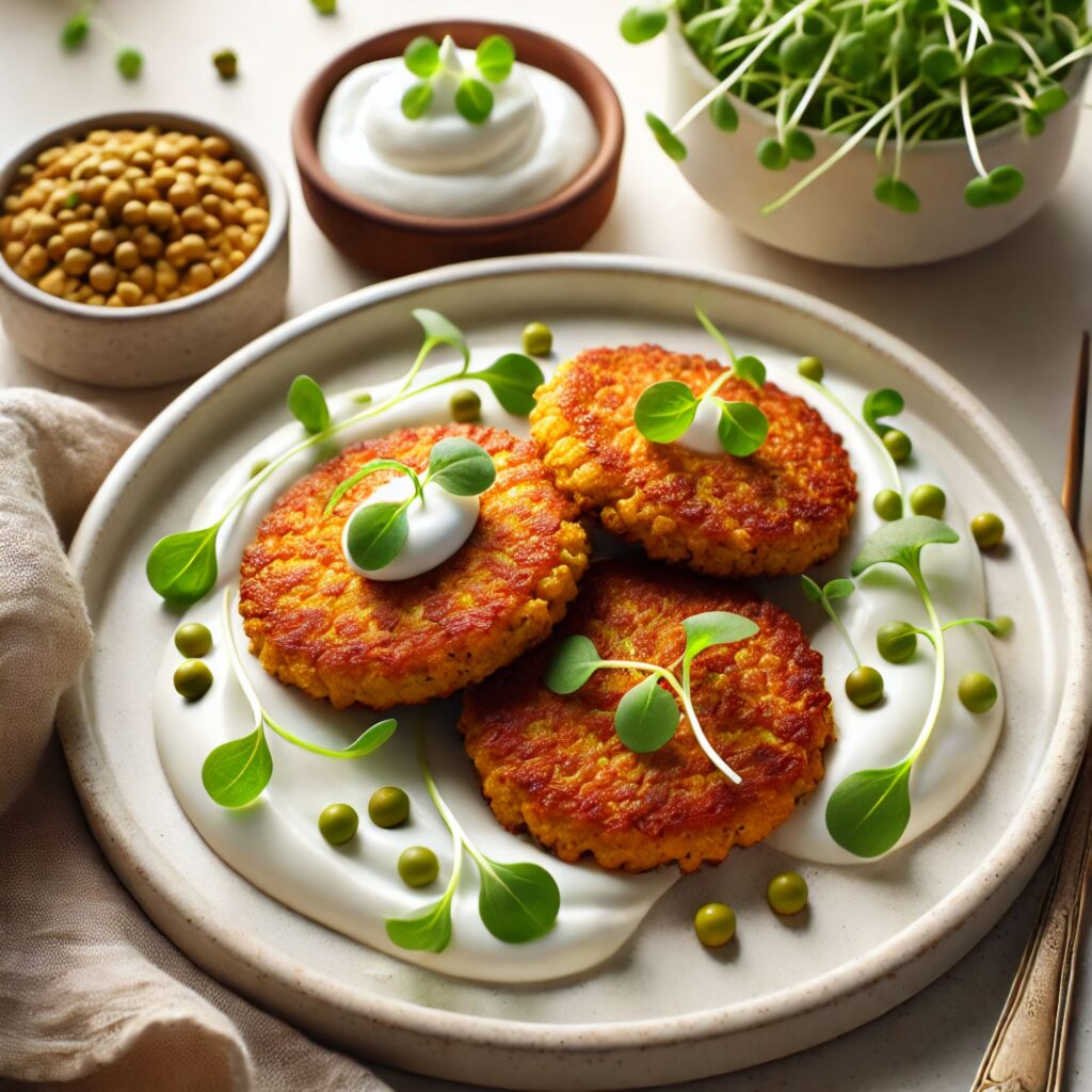 Golden millet patties topped with creamy Greek yogurt and fresh microgreens, served on a white plate with green peas for a vibrant touch.