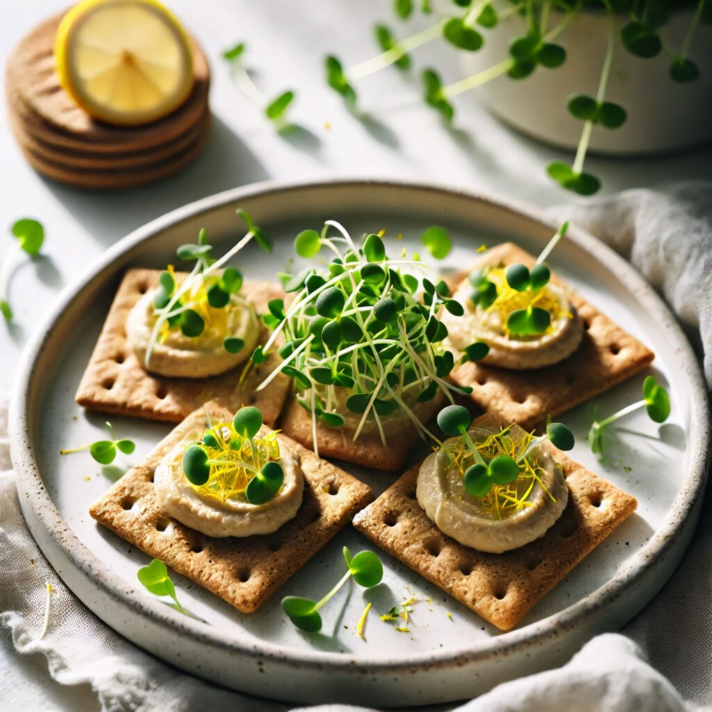 Whole-grain crackers topped with hummus, microgreens, and lemon zest, arranged on a white plate.