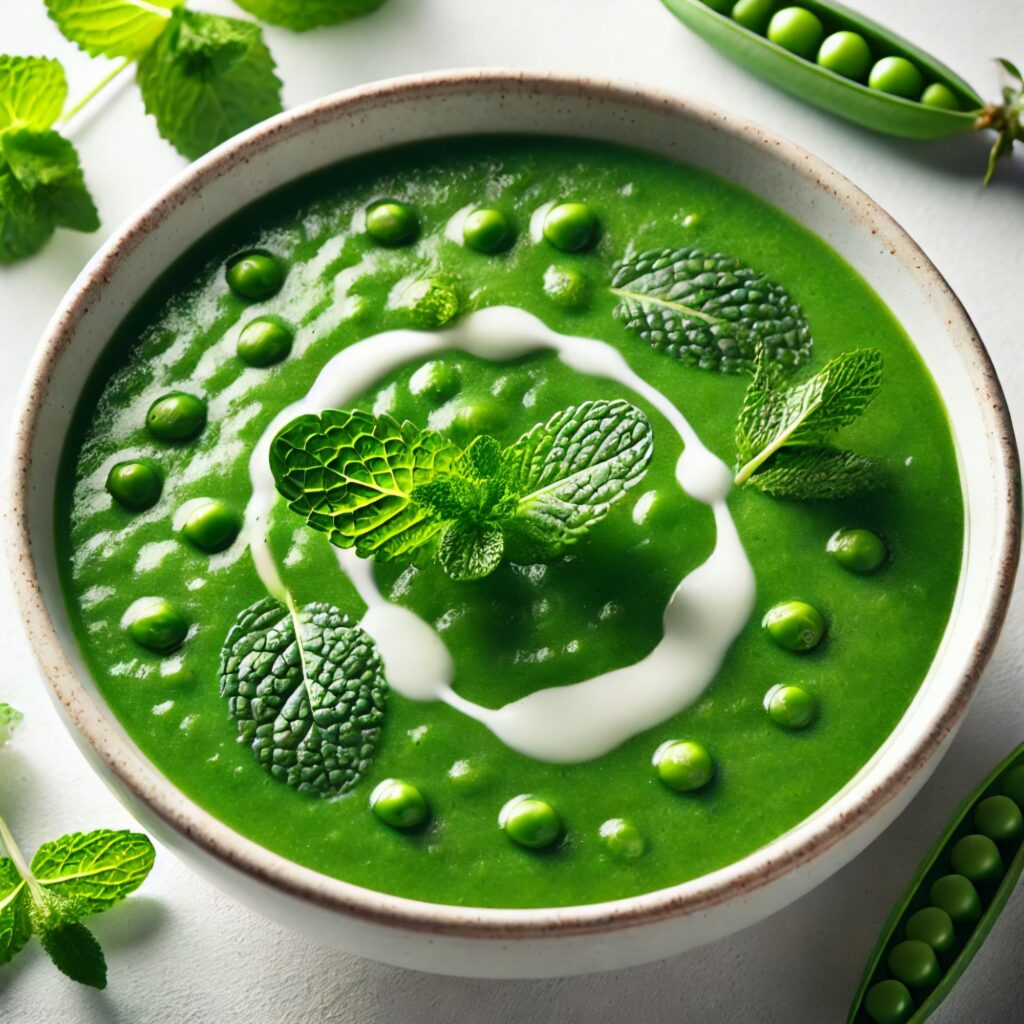 Green Pea and Mint Soup in a bowl, garnished with fresh mint leaves and a drizzle of cream, with whole peas for texture.