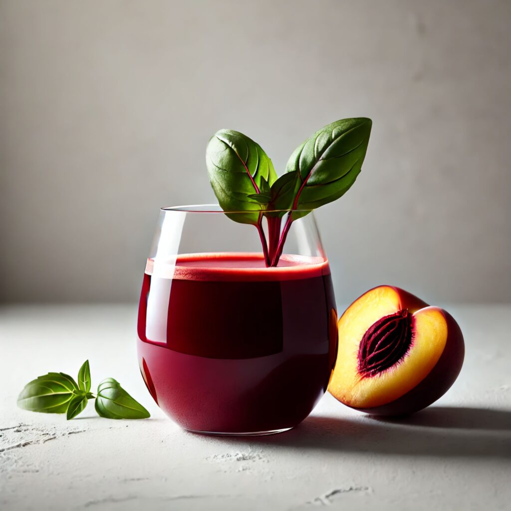 A glass of deep red juice with beetroot, peach, and fresh basil, garnished with basil leaves, placed on a light surface with fresh ingredients nearby.