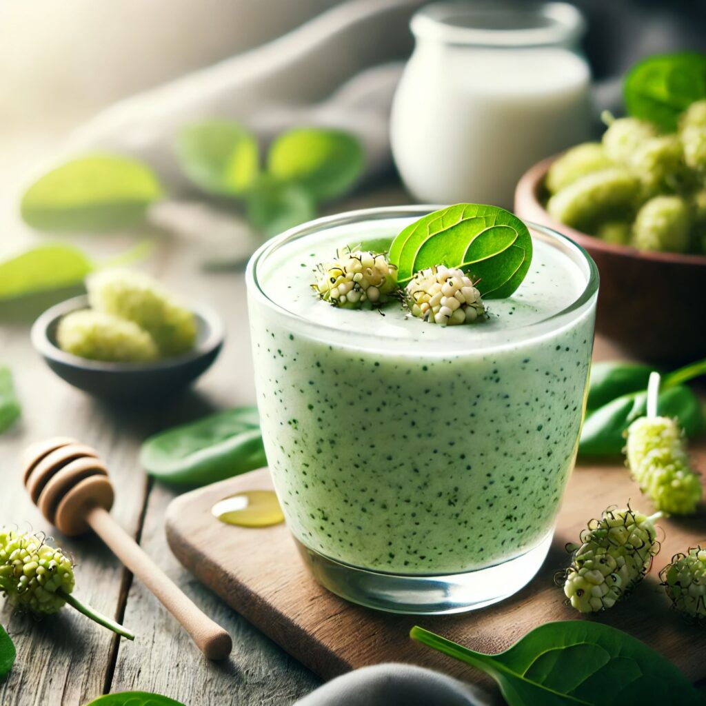 Smoothie with white mulberries and spinach, garnished with fresh mulberries and spinach leaves.