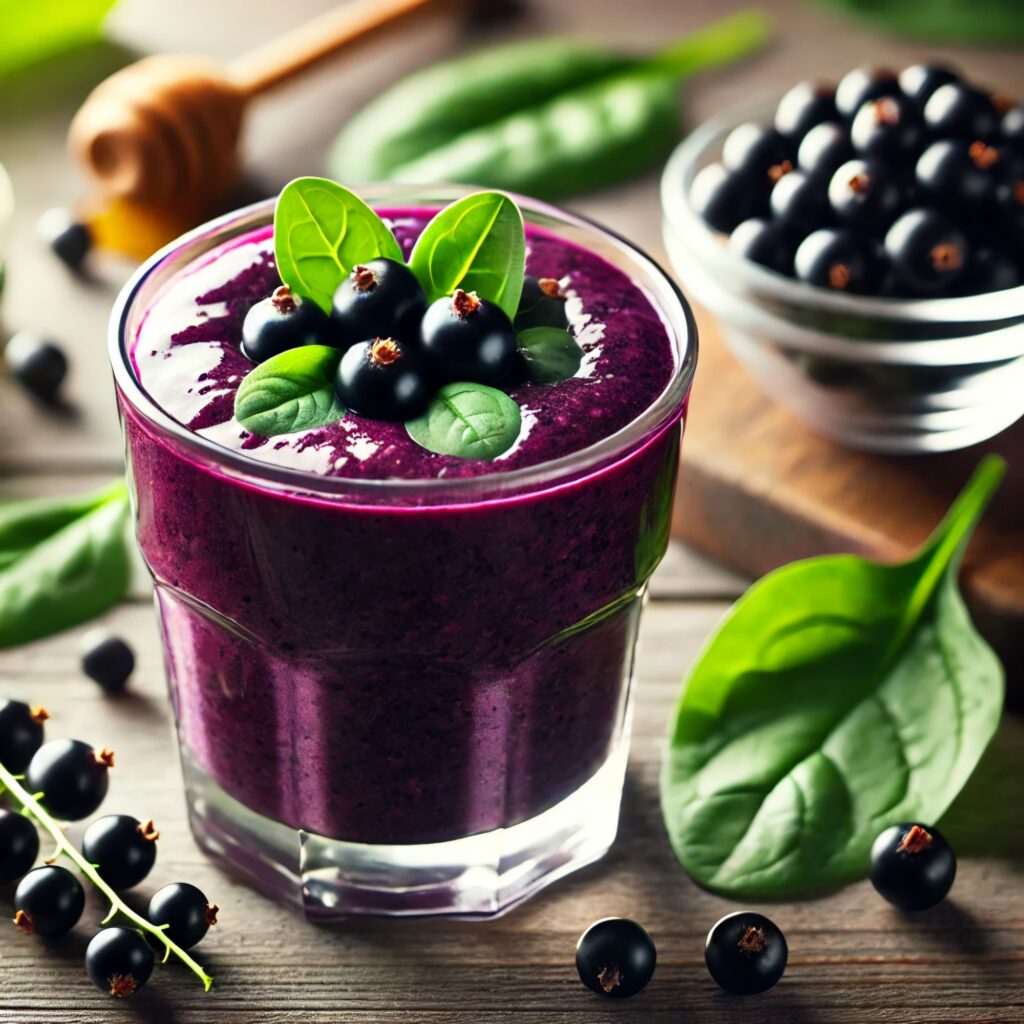 Smoothie with black currants and spinach in a clear glass, topped with fresh ingredients.