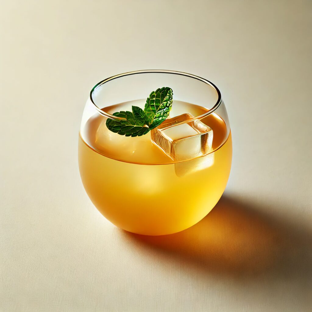 Transparent glass with ginger and turmeric iced tea, featuring a mint leaf and ice cubes on a neutral background.