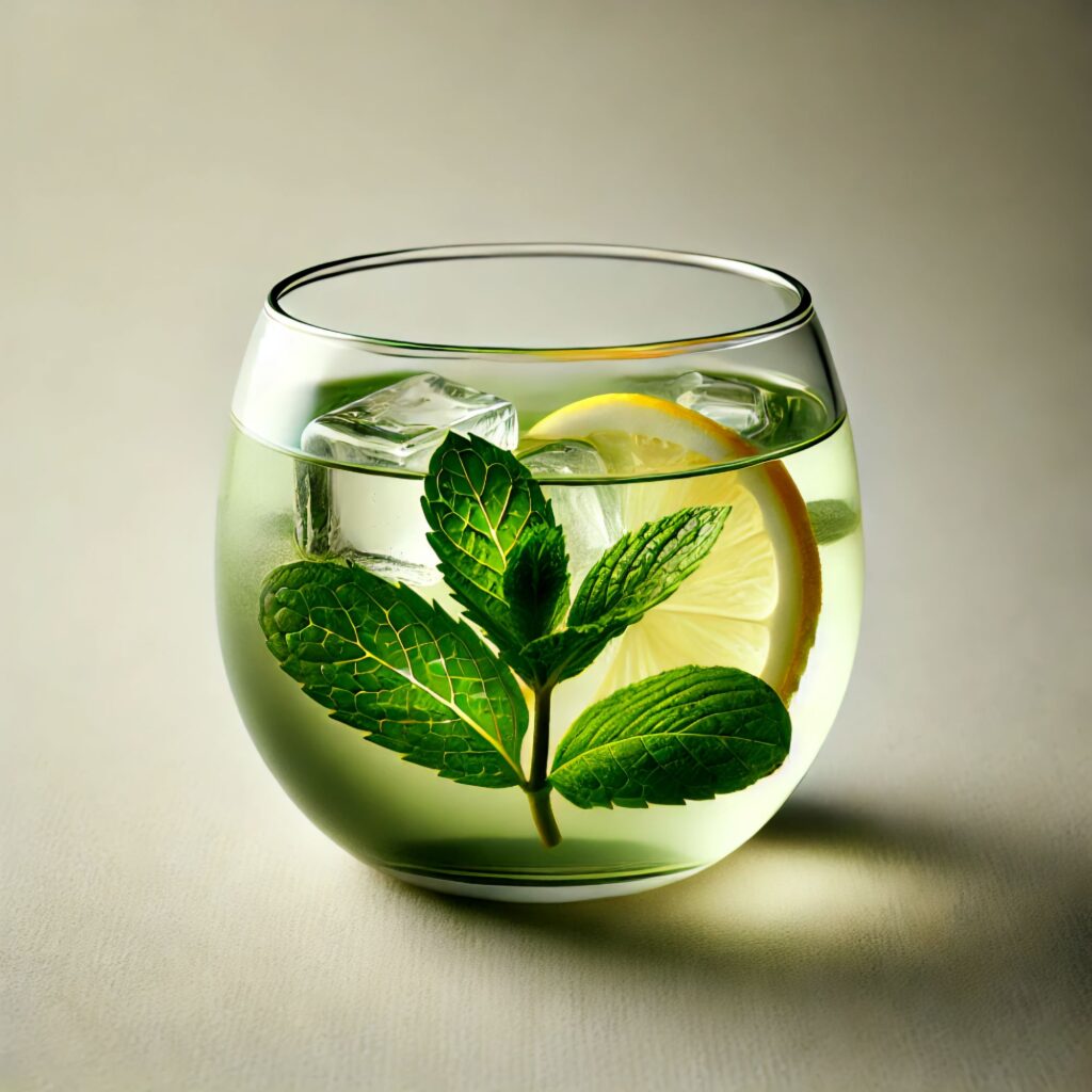 Transparent glass with mint and green iced tea, featuring a mint leaf, lemon slice, and ice cubes on a neutral background.