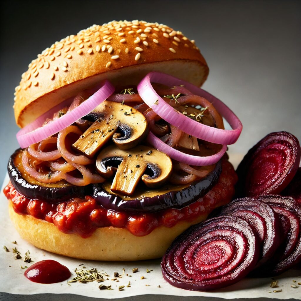 Vegetarian burger with grilled eggplant, sautéed mushrooms, caramelized and fresh red onion, tomato sauce, and beetroot chips.