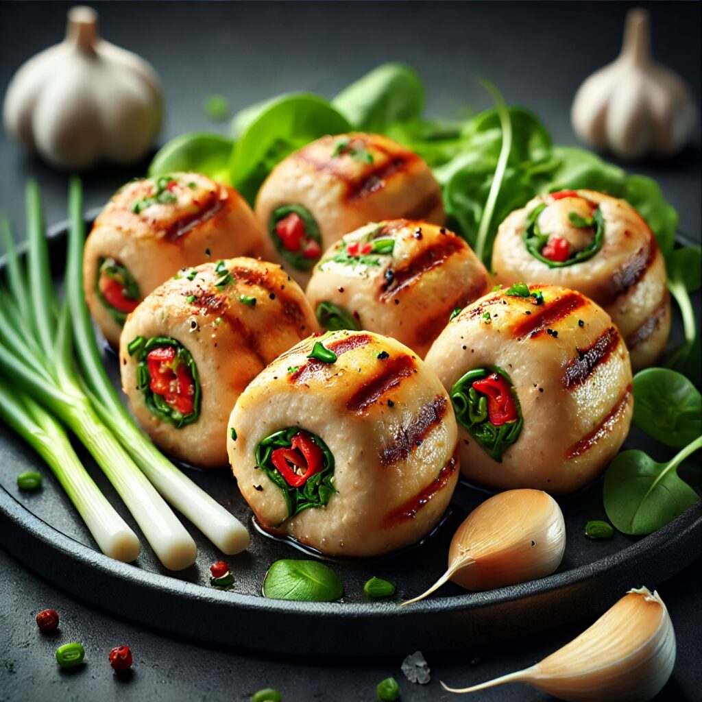 Grilled mini rolled chicken fillets stuffed with red pepper, garlic, and parsley, served on mixed greens.