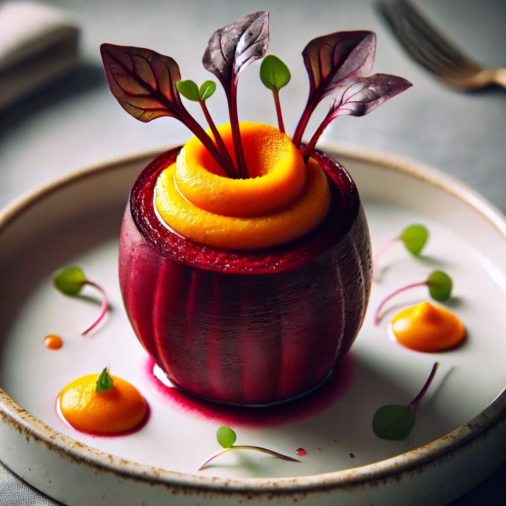 Vibrant roasted beetroot filled with creamy sweet potato puree, garnished with fresh microgreens, elegantly presented on a clean plate.