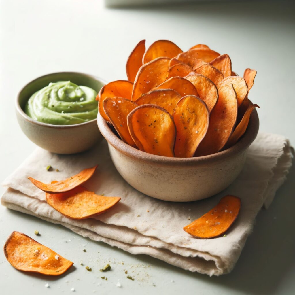 Bowl of crispy sweet potato chips served with a smooth and creamy avocado dip.