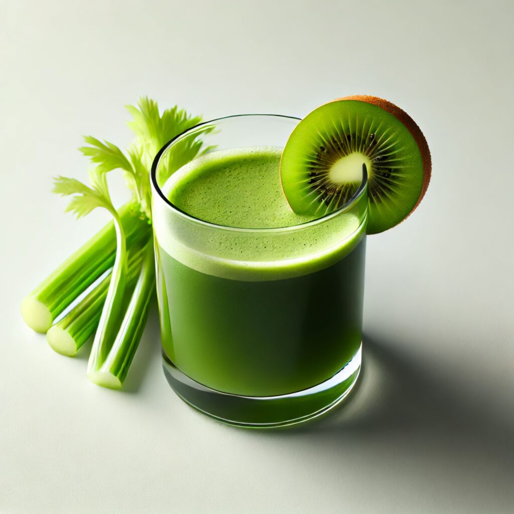 Juice with Kiwi, Celery, and Green Apple served in a glass, garnished with a kiwi slice, with fresh celery beside it on a bright surface.