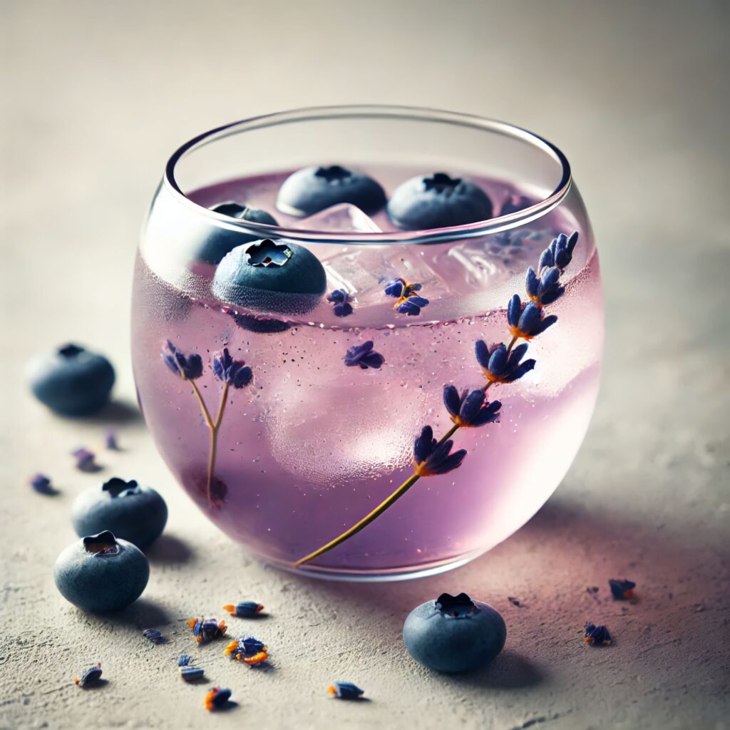 Transparent glass with lavender and blueberry iced tea, featuring lavender buds, blueberries, and a light purple tint.