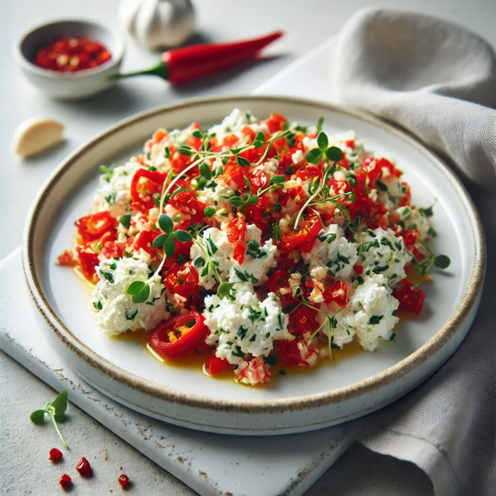 Colorful dish with chopped fermented red peppers, creamy goat cheese, garlic, and microgreens served on a white plate.