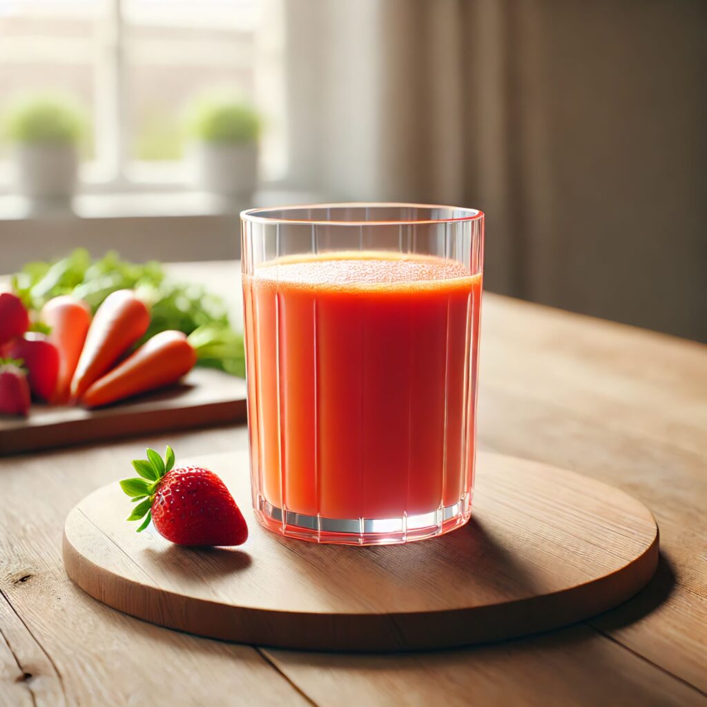 A glass of fresh juice with carrot, strawberry, and coconut water, placed on a wooden board with strawberries and carrots in the background.