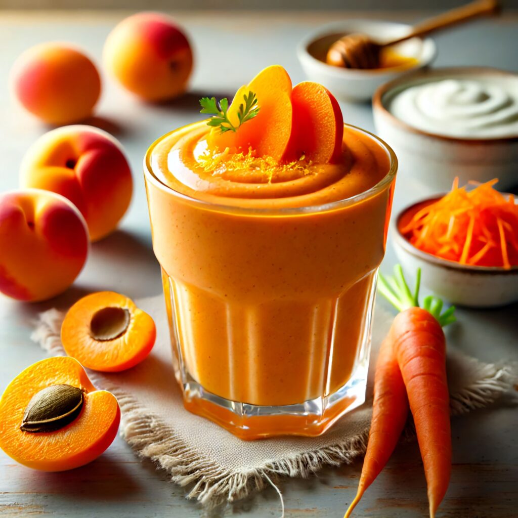 Smoothie with apricot and carrot in a glass, topped with apricot slices and grated carrot.