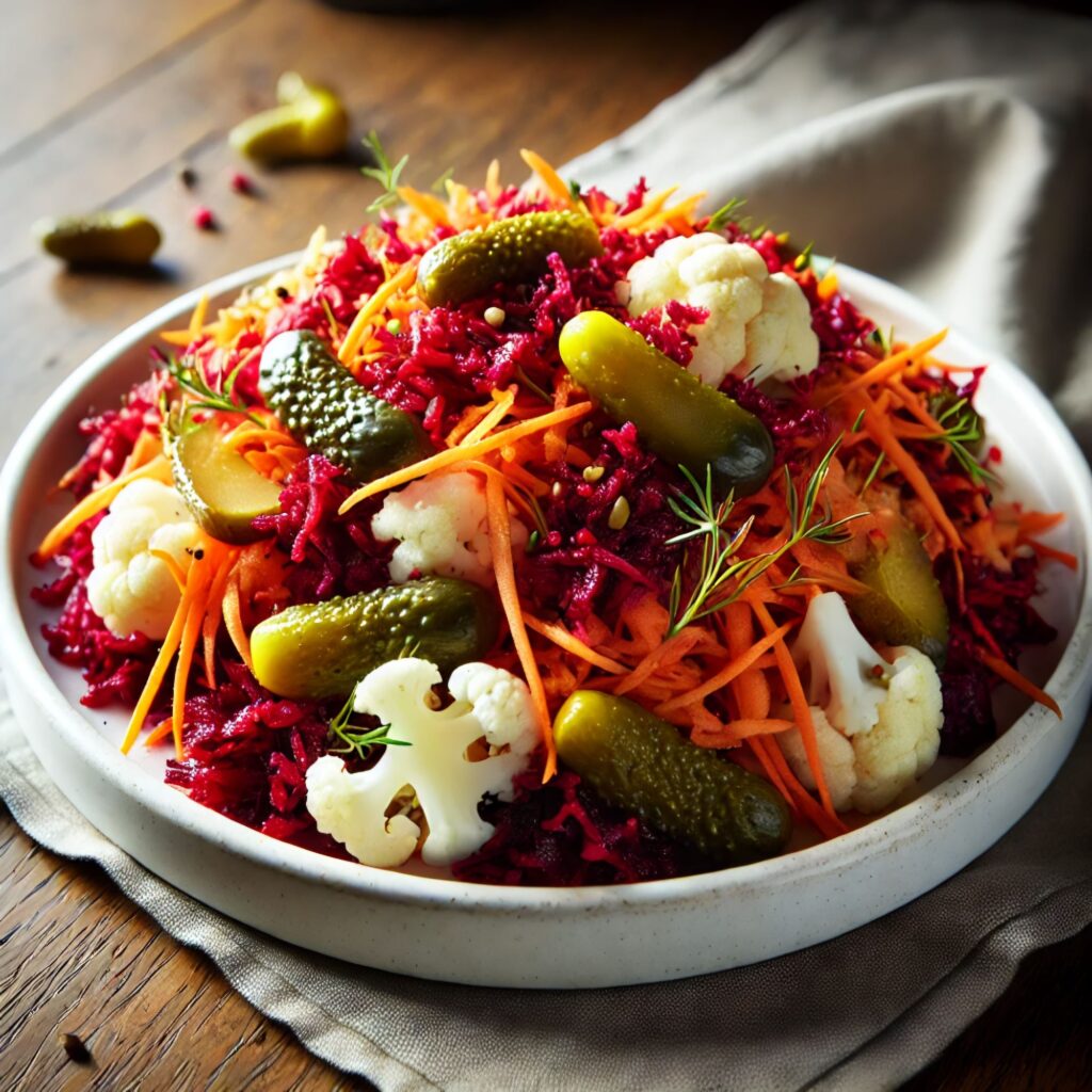 Colorful fermented salad with beetroot, cauliflower, carrots, and gherkins, served in a white bowl on a wooden table.