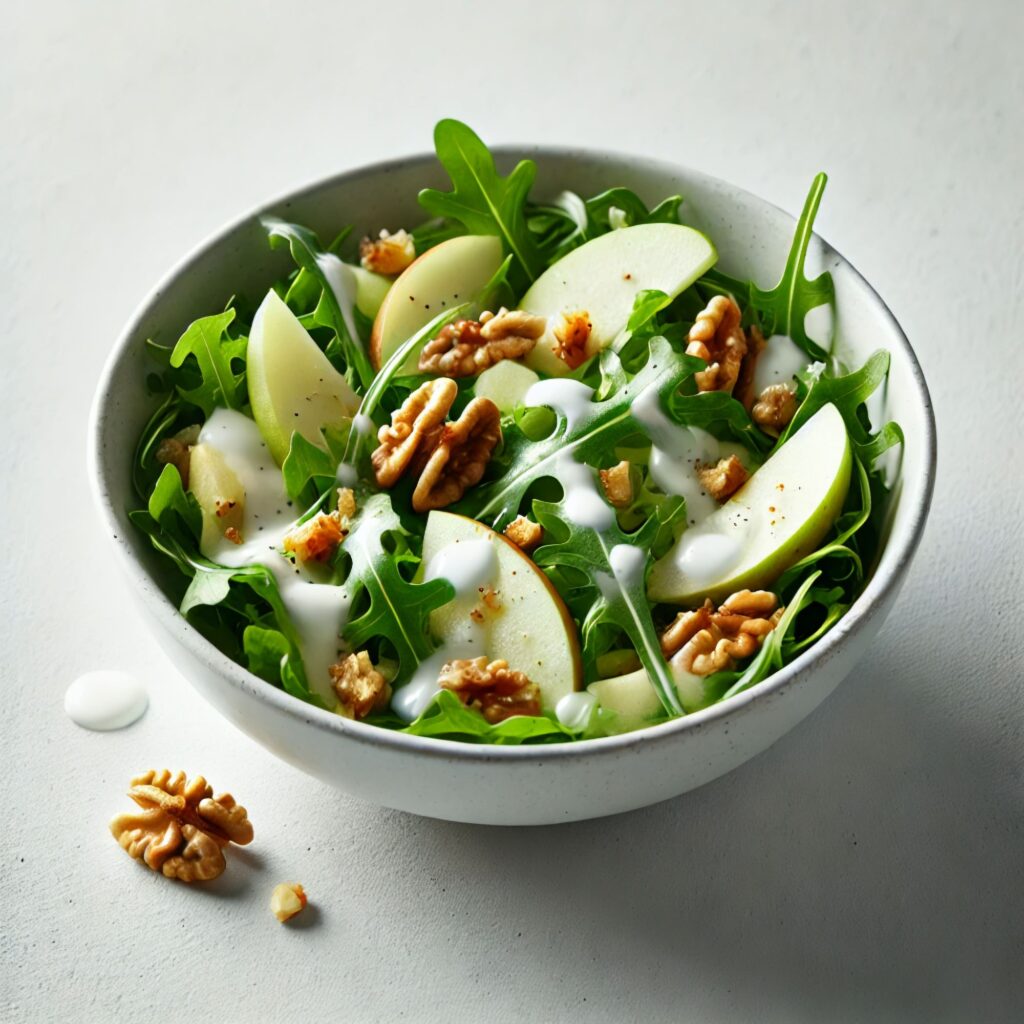 A bowl of salad with fresh arugula, thinly sliced sour apple, chopped walnuts, and a light drizzle of yogurt.