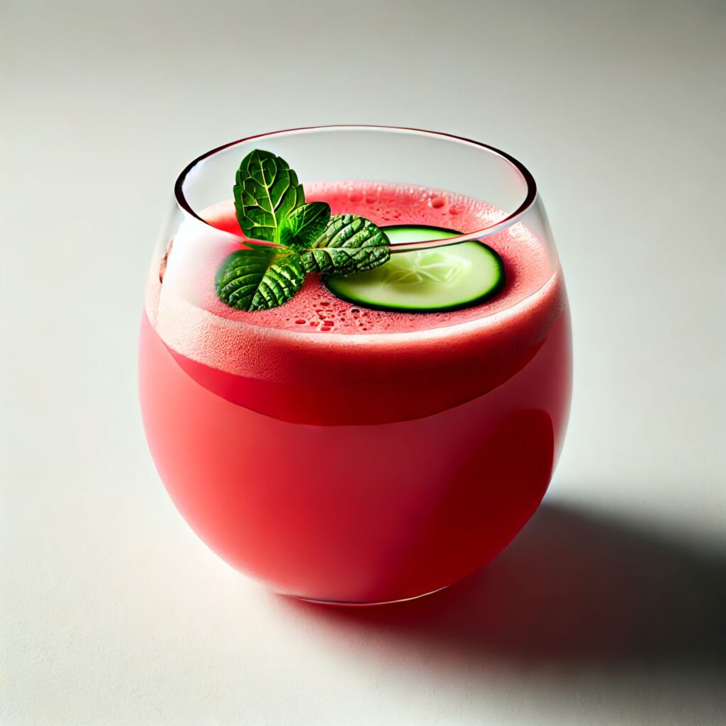 Refreshing Juice with Watermelon, Cucumber, and Mint served in a glass, garnished with fresh mint leaves and a cucumber slice.