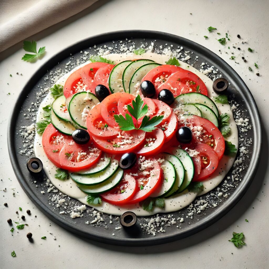 Freshly prepared salad with cucumbers, tomatoes, yogurt, grated white cheese, black olives, and fresh parsley, served on a black plate.