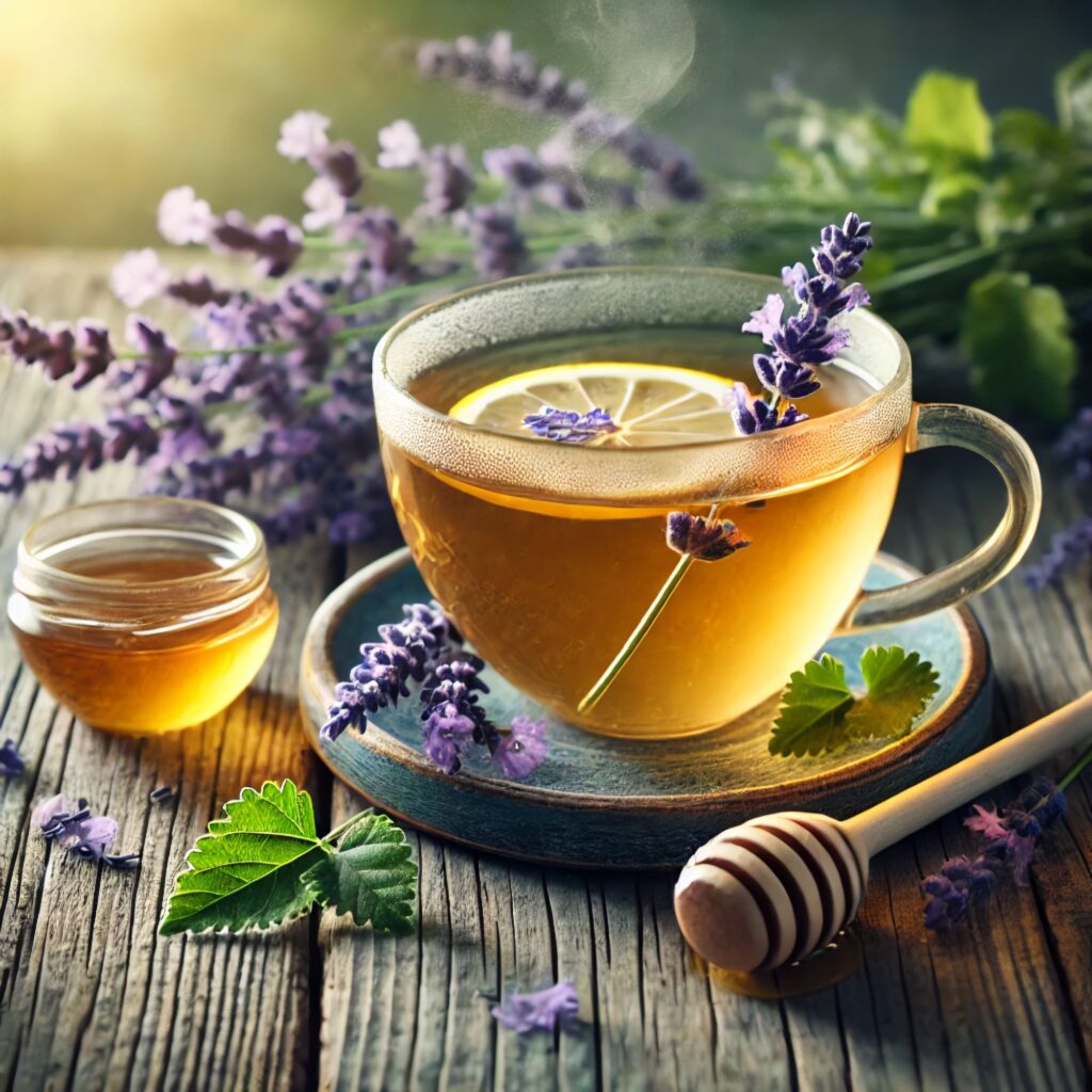 Tea with Lavender and Lemon Balm – A golden tea with lavender flowers and lemon balm leaves.