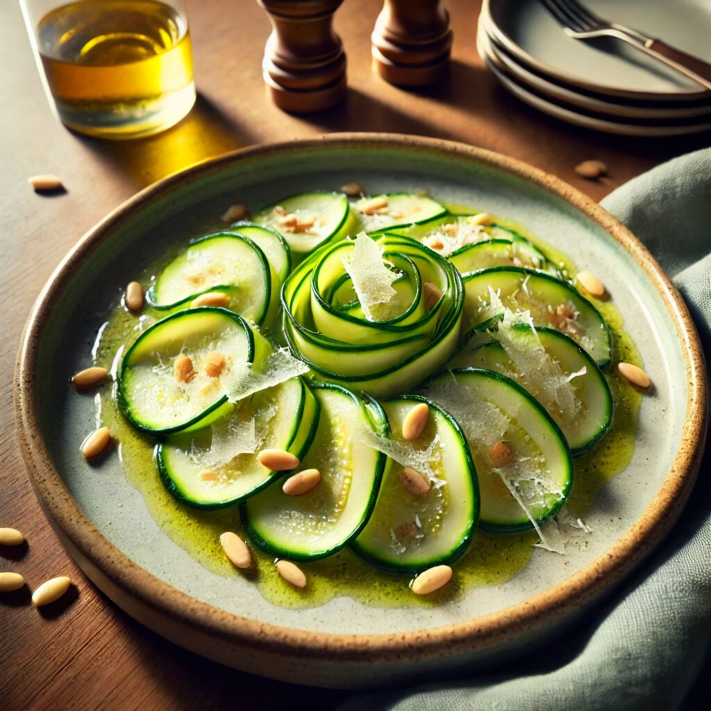 Zucchini carpaccio with thinly sliced raw zucchini, shaved parmesan, toasted pine nuts, and a drizzle of lemon juice and olive oil, elegantly plated.