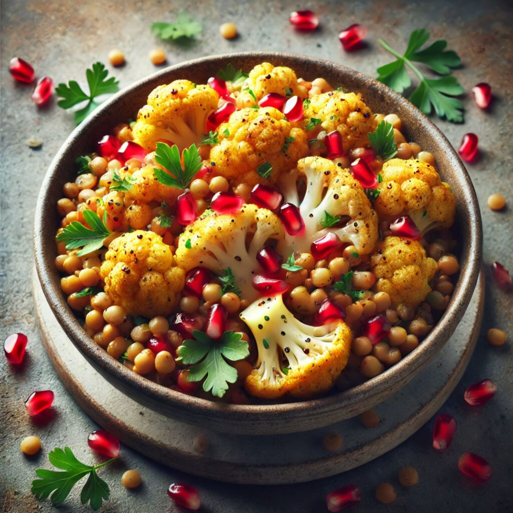 Roasted cauliflower and lentil salad with pomegranate seeds, seasoned with rosemary and smoked paprika, served in a rustic bowl.