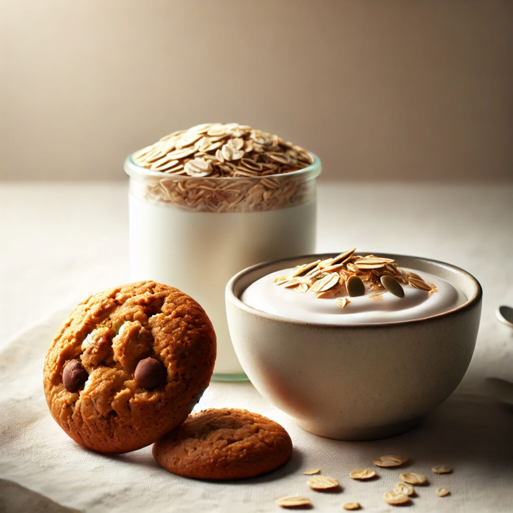 A baked cookie, a no-bake cookie, and a yogurt bowl with oats and seeds, arranged in a simple and natural setting.