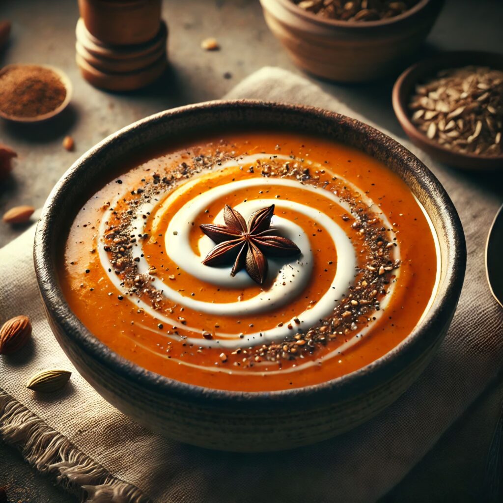 Creamy spiced carrot and coconut soup with ginger and cumin, topped with toasted seeds, served in a rustic bowl.