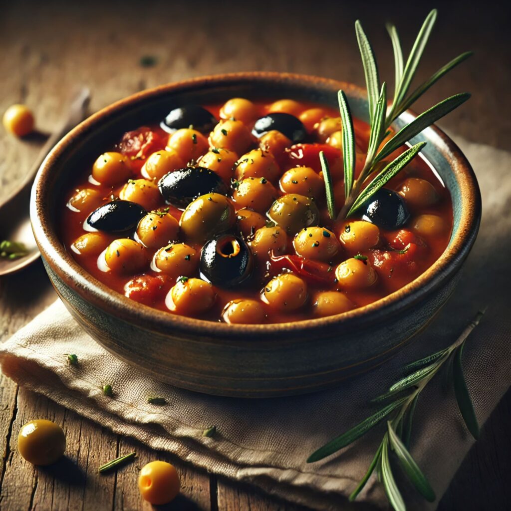 Hearty Mediterranean chickpea and olive stew in tomato sauce, flavored with cumin and rosemary.