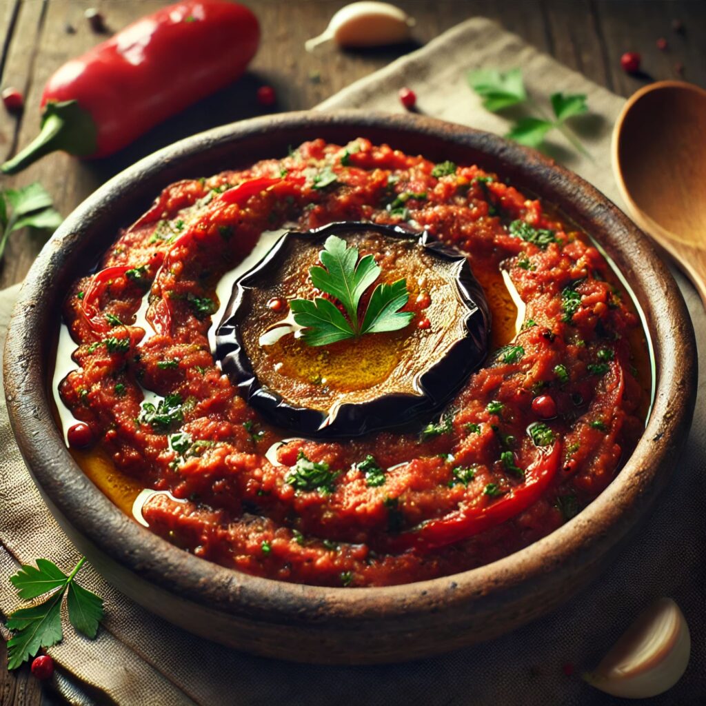 Mashed roasted red pepper and eggplant with garlic, drizzled with warm oil, served in a rustic clay bowl.