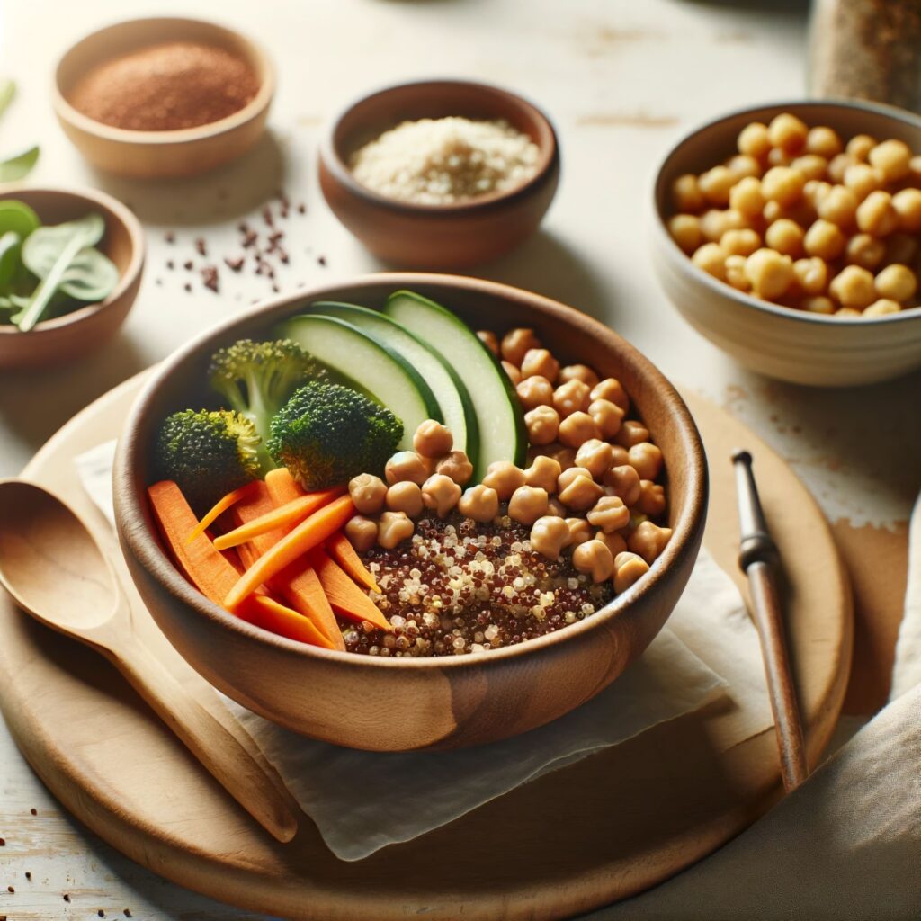 A clean presentation of meat-free meal ingredients featuring quinoa, roasted vegetables, and chickpeas in a simple, natural setting.