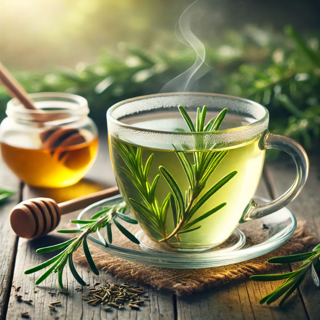 Rosemary and Green Tea – A cup of green tea with a sprig of rosemary and subtle steam.