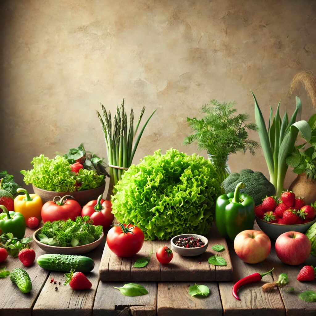 Fresh vegetables and fruits including lettuce, tomatoes, cucumbers, strawberries, and apples, perfect for creative salad recipes.