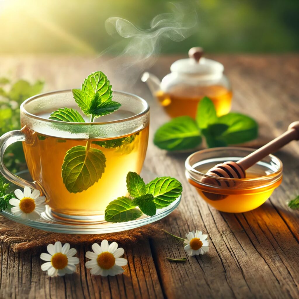 Tea with Mint and Chamomile – A light golden tea with mint leaves and chamomile flowers.