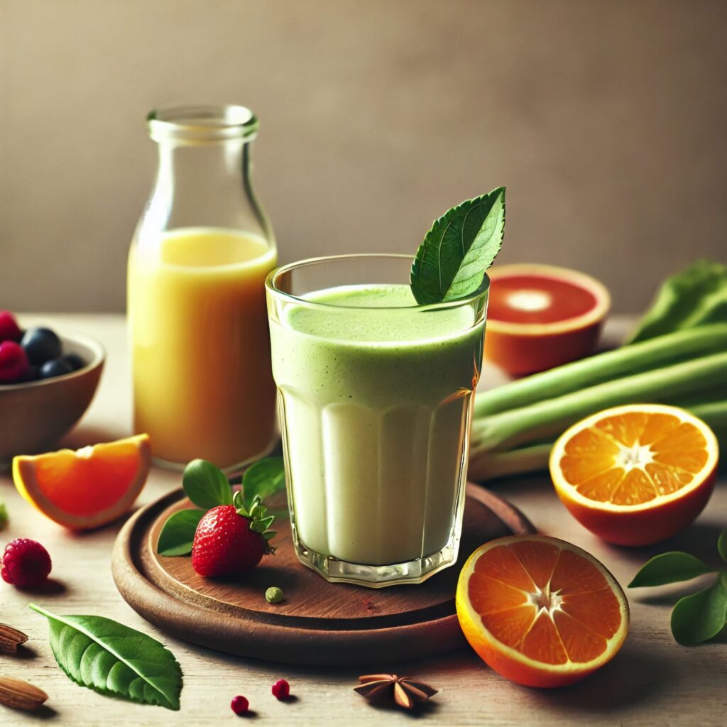 A wooden table with a glass of fresh juice and a creamy smoothie, surrounded by citrus slices, berries, and leafy greens.