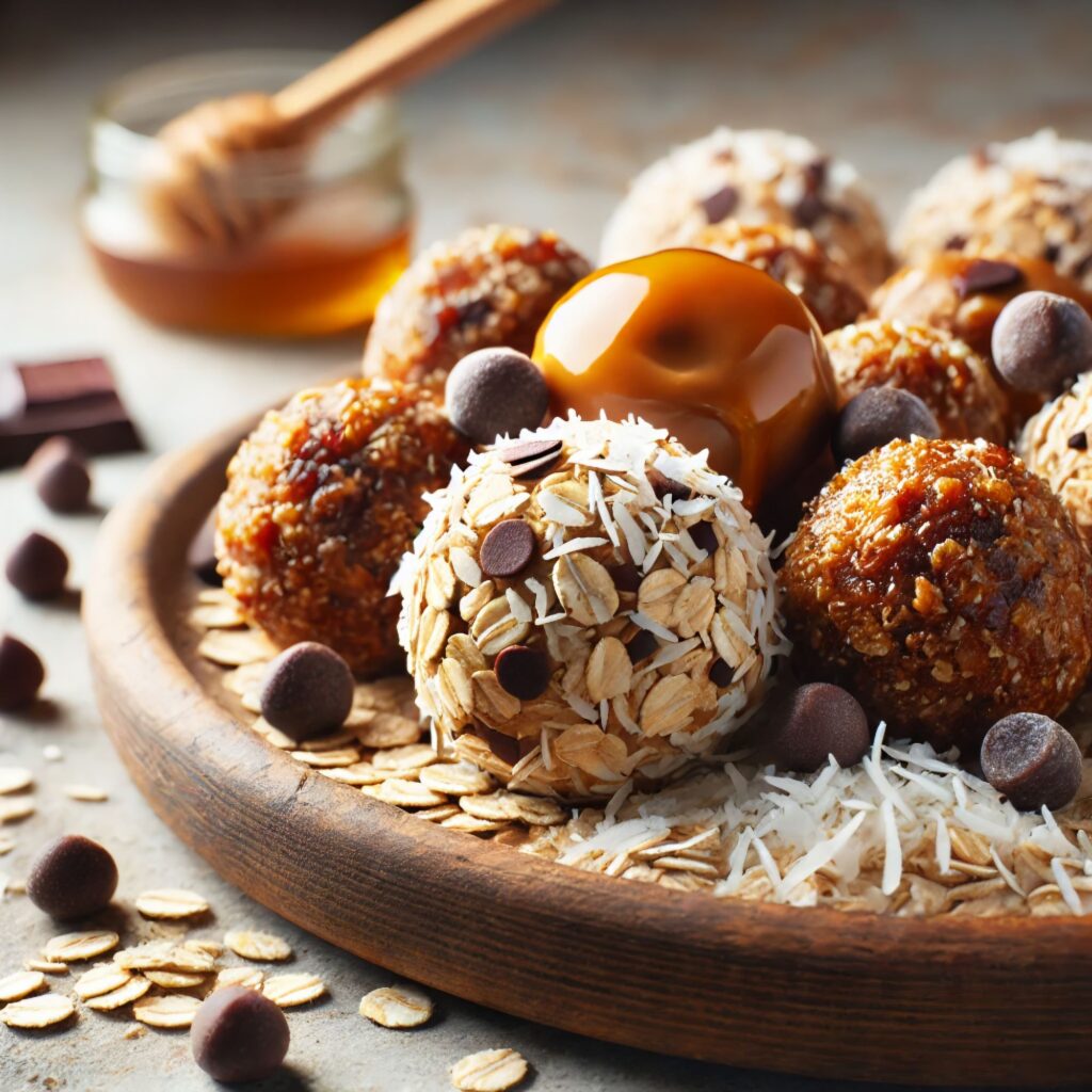 No-bake snack balls made with oats, nut butter, honey, shredded coconut, chocolate chips, and dried fruit, arranged on a wooden plate.