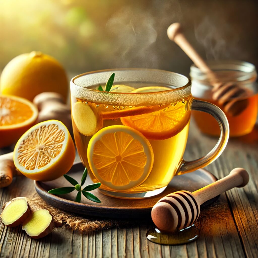 Tea with Ginger and Citrus – A cup of golden tea with lemon, orange slices, and fresh ginger.