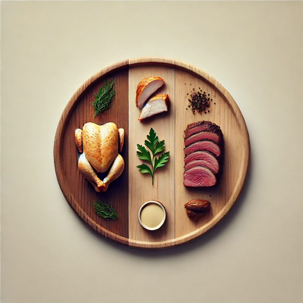 A minimalistic plate with grilled chicken, roasted turkey, and slow-cooked beef, garnished with fresh herbs on a wooden surface.