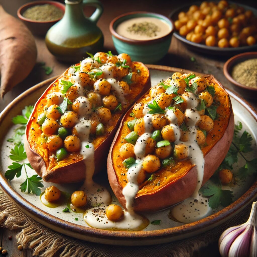 Stuffed sweet potatoes with spiced chickpeas, garlic, and fresh herbs, drizzled with creamy tahini sauce.