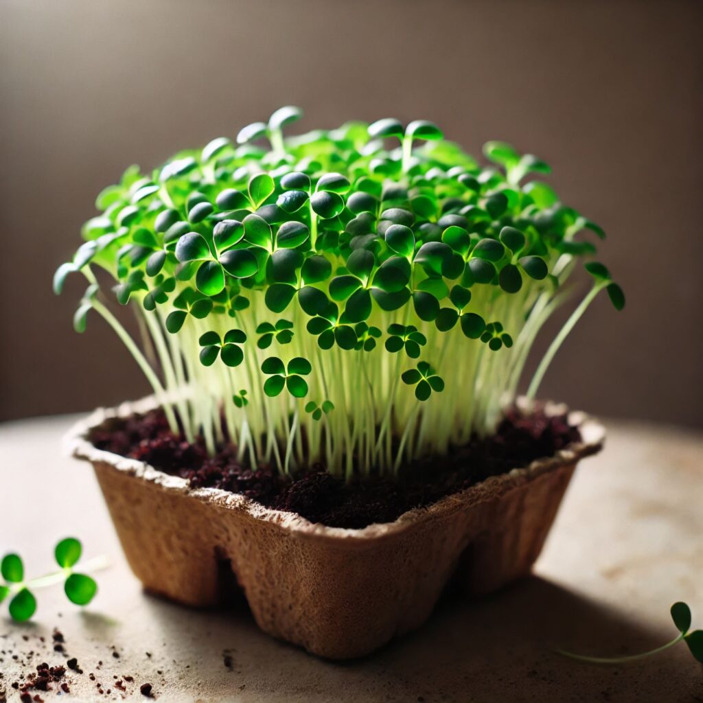 Fresh microgreens growing in a small tray with rich soil, highlighting their vibrant green color and natural growth.