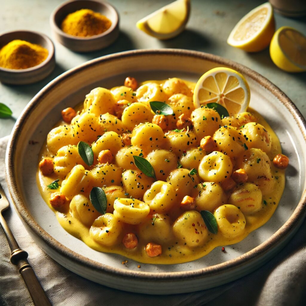 Soft saffron chickpea gnocchi plated with creamy lemon-tahini sauce, garnished with toasted sesame seeds.