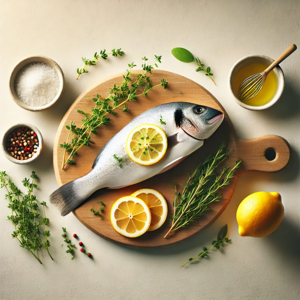 A fresh whole fish with herbs and citrus slices on a wooden table, representing simple and flavorful fish recipe options.