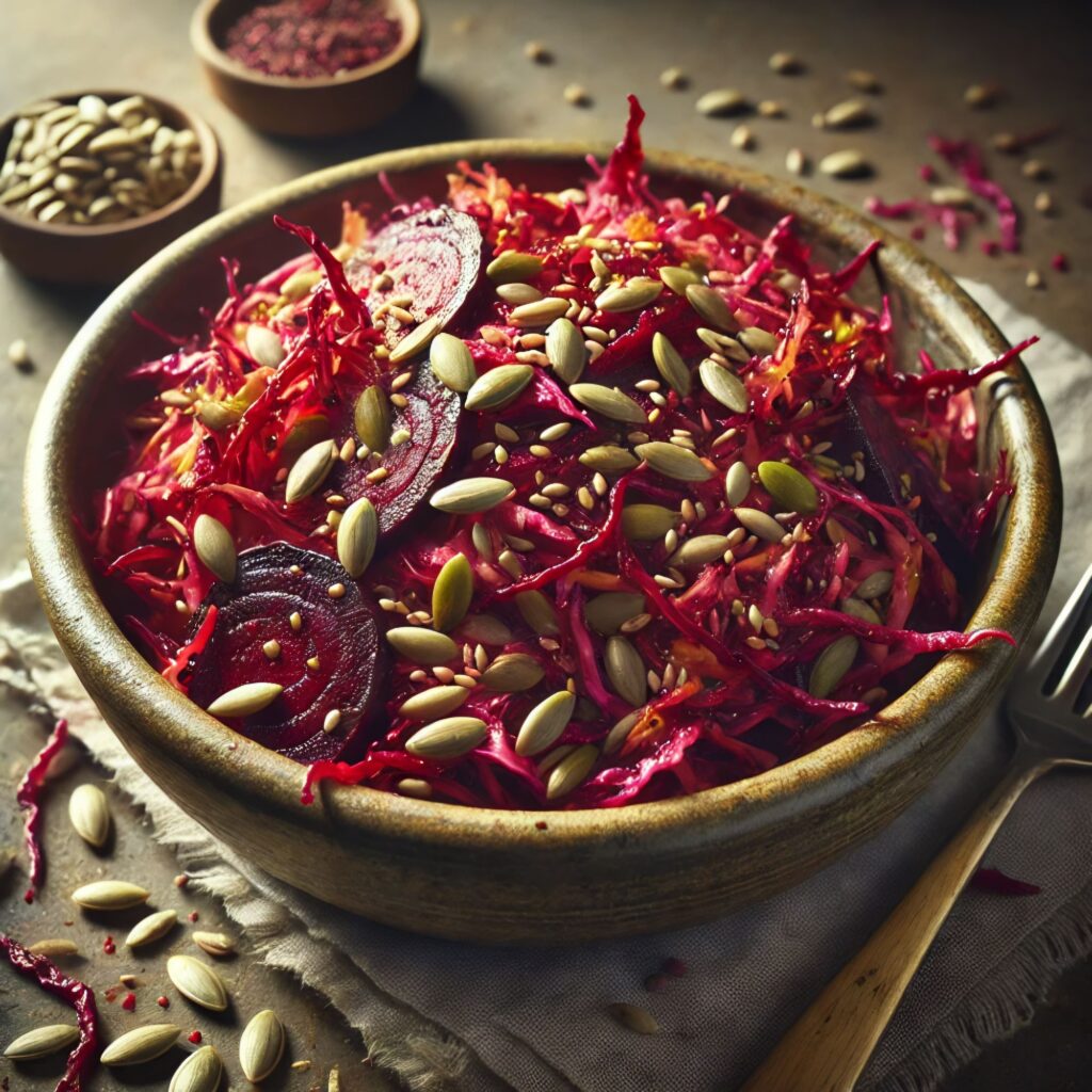 Fermented cabbage and beetroot slaw with roasted sunflower seeds, dressed with lemon and olive oil.