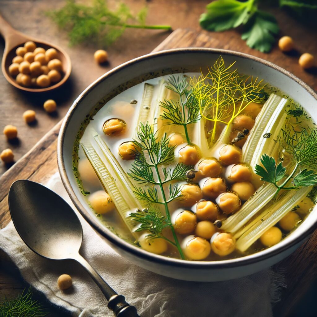 A bowl of clear chickpea fennel parsley soup with sliced fennel, whole chickpeas, and fresh parsley in golden broth.