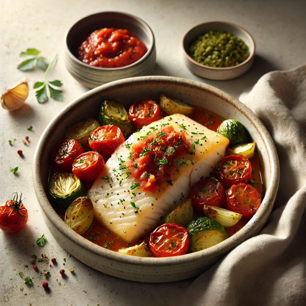 Baked white fish fillet served with roasted cherry tomatoes, Brussels sprouts, and rich tomato sauce in a rustic ceramic bowl.