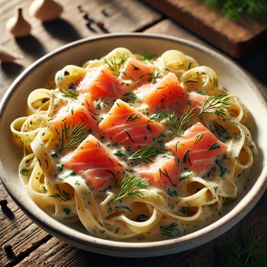 Tagliatelle pasta with creamy dill and garlic sauce, topped with thin slices of smoked salmon and fresh dill.