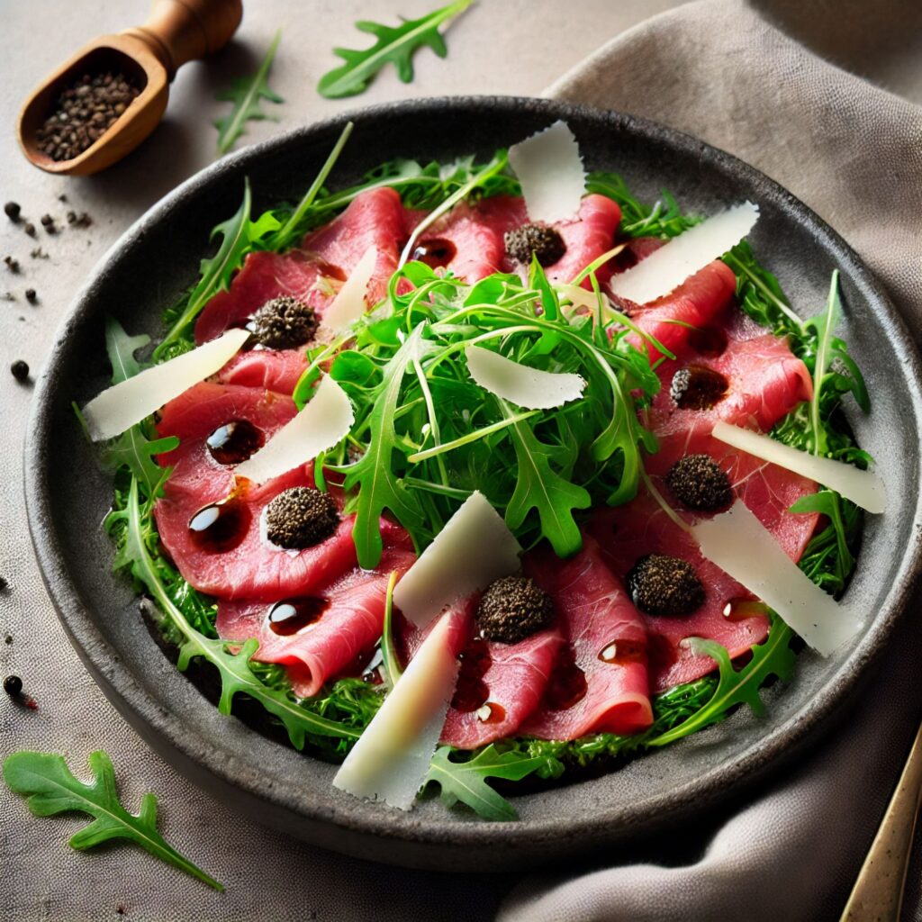 Thinly sliced beef carpaccio topped with fresh arugula, Parmesan shavings, and truffle oil, elegantly arranged on a black plate.