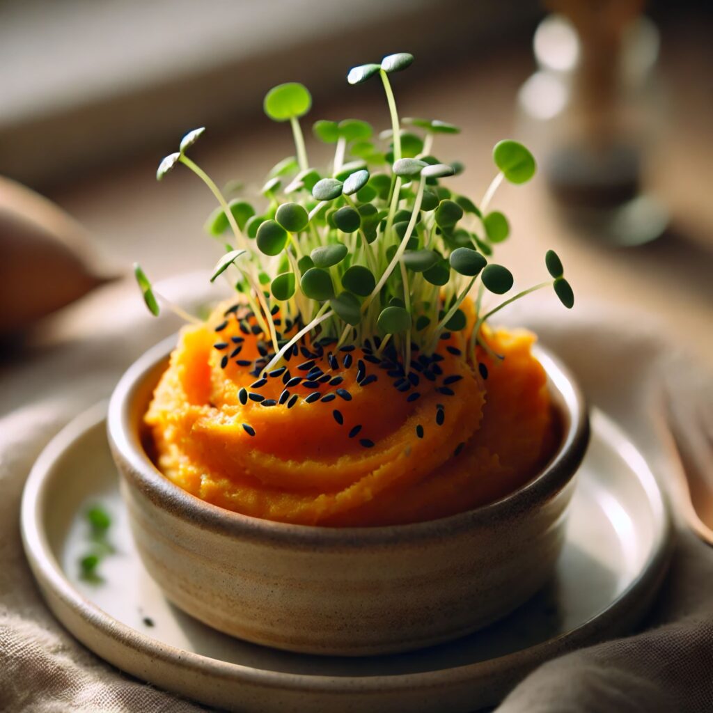 Mashed sweet potato in a small bowl topped with black sesame seeds and a generous amount of fresh microgreens.