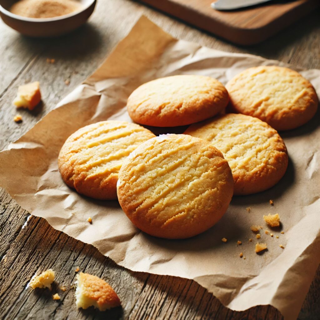 Golden butter cookies with a ridged surface, arranged on brown parchment paper with visible crumbs.